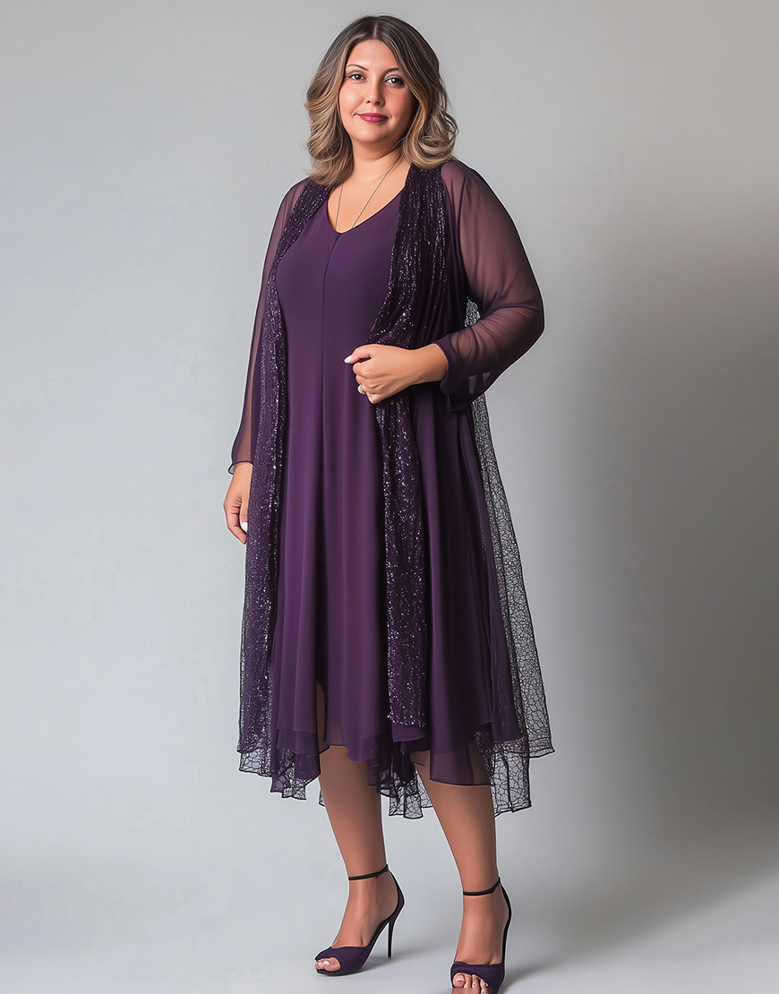 Sparkly A-Line Purple Two Piece Sequined Long Prom Dress With Chiffon Jacket
