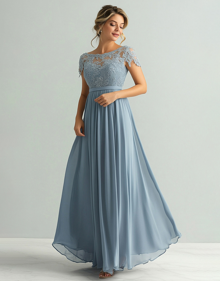 Graceful A-Line Dusty Blue Lace Ruched Long Prom Dress With Appliques