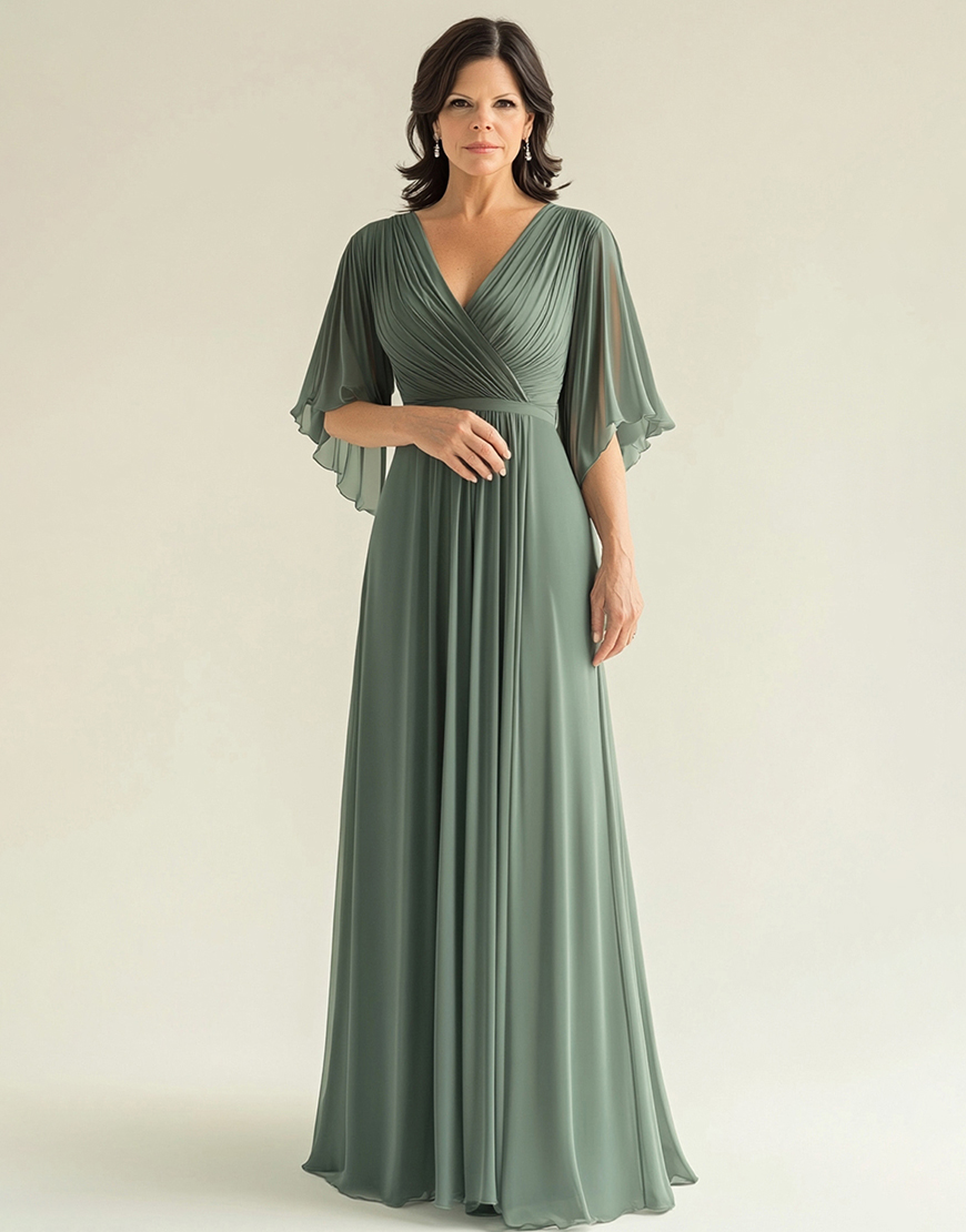 Graceful A-Line Agave V-Neck Flare Sleeve Pleating Long Prom Dress 