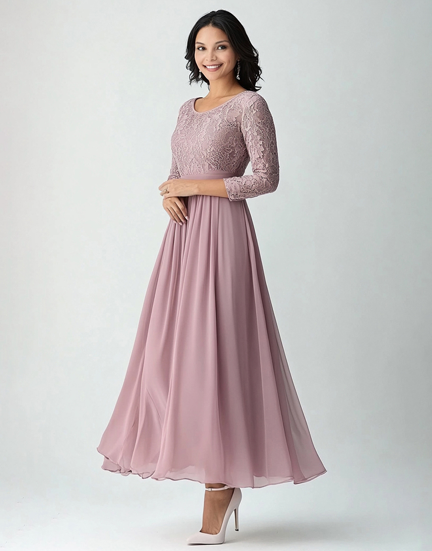 Graceful A-Line Blush Lace Sleeve Pleating Long Prom Dress With Appliques