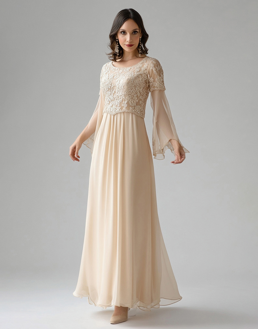 Graceful A-Line Apricot Flare Sleeve Pleating Tulle Long Prom Dress With Lace