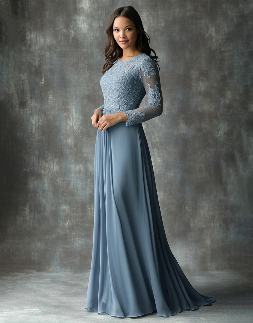 Graceful A-Line Dusty Blue Pleating Long Prom Dress With Lace Appliques
