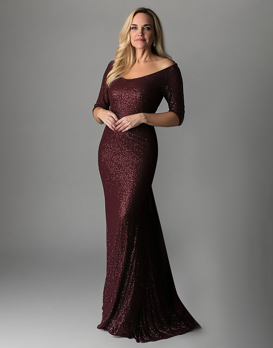 Sparkly Mermaid Burgundy Half Sleeve Long Prom Dress with Sequin