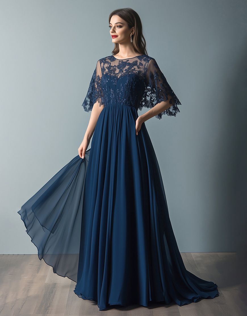 Graceful A-Line Navy Flare Sleeve Tulle Long Prom Dress With Lace Appliques