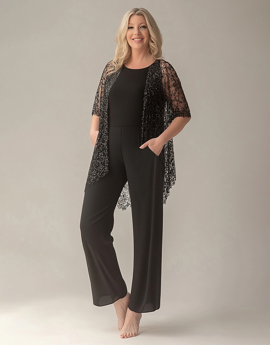Graceful Black Two Piece Lace Long Prom Jumpsuit With Appliques