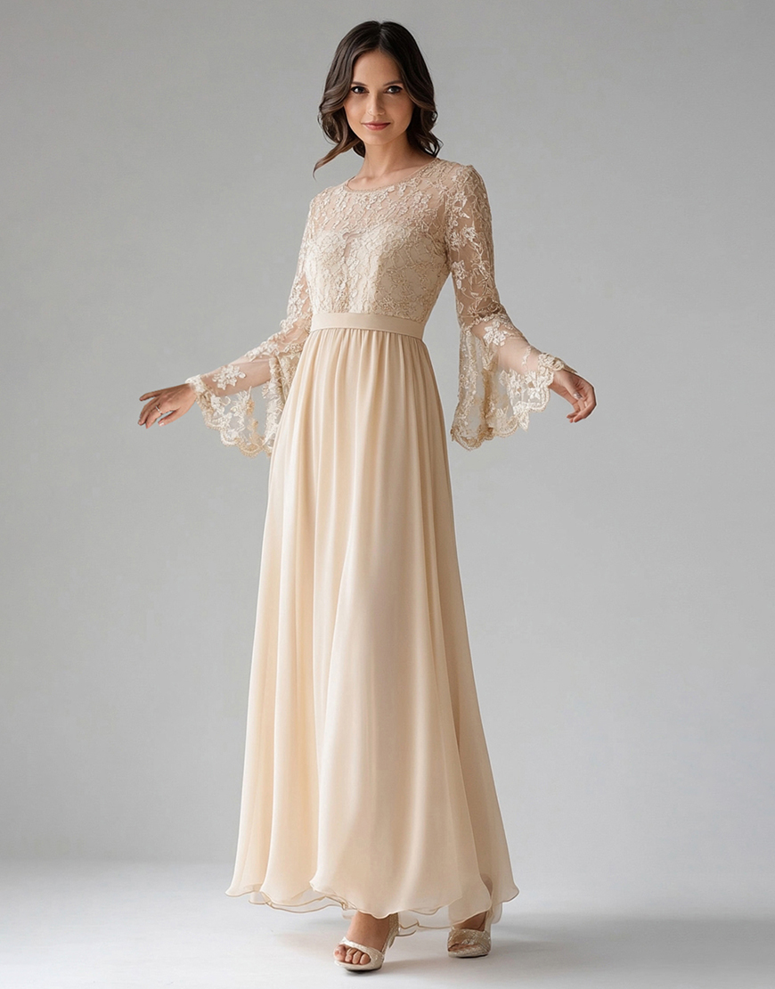 Graceful A-Line Apricot Flare Sleeve Pleating Long Prom Dress With Lace