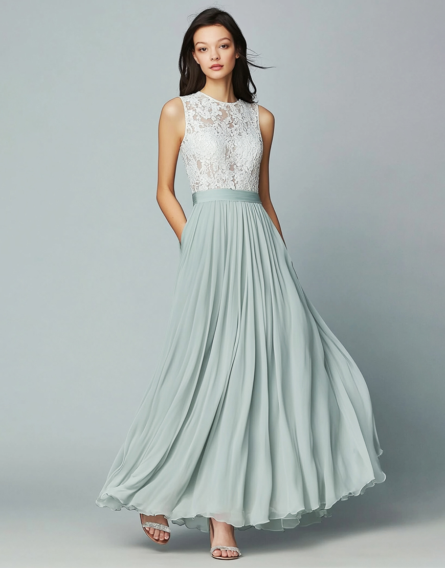 Graceful A Line Dusty Sage Sleeveless Pleated Long Prom Dress with Lace