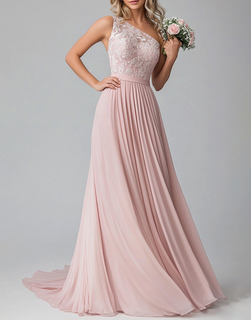 Graceful A Line Blush One Shoulder Pleated Appliques Long Prom Dress with Lace