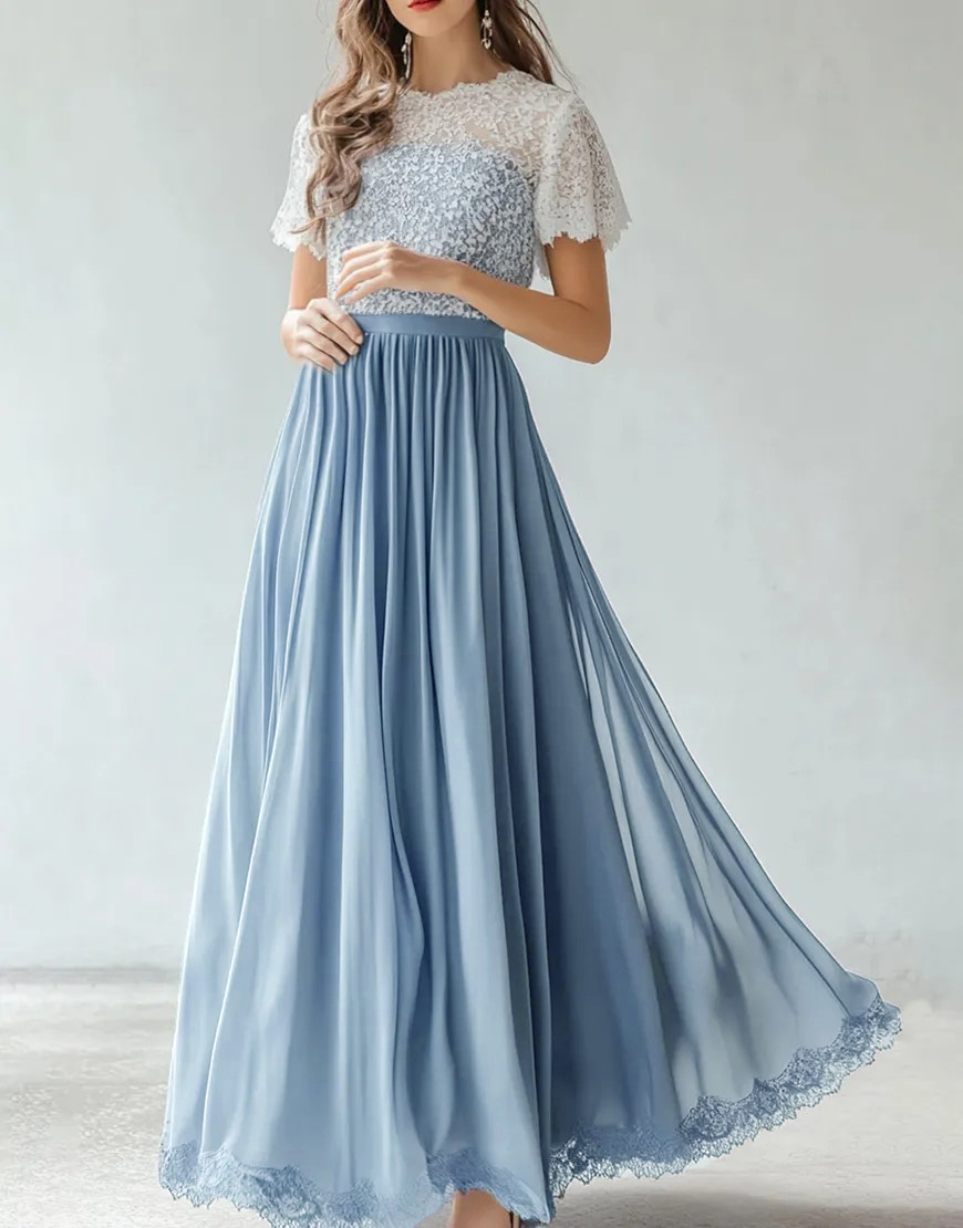 Graceful A Line Dusty Blue Half Sleeve Appliques Pleated Long Formal Dress with Lace