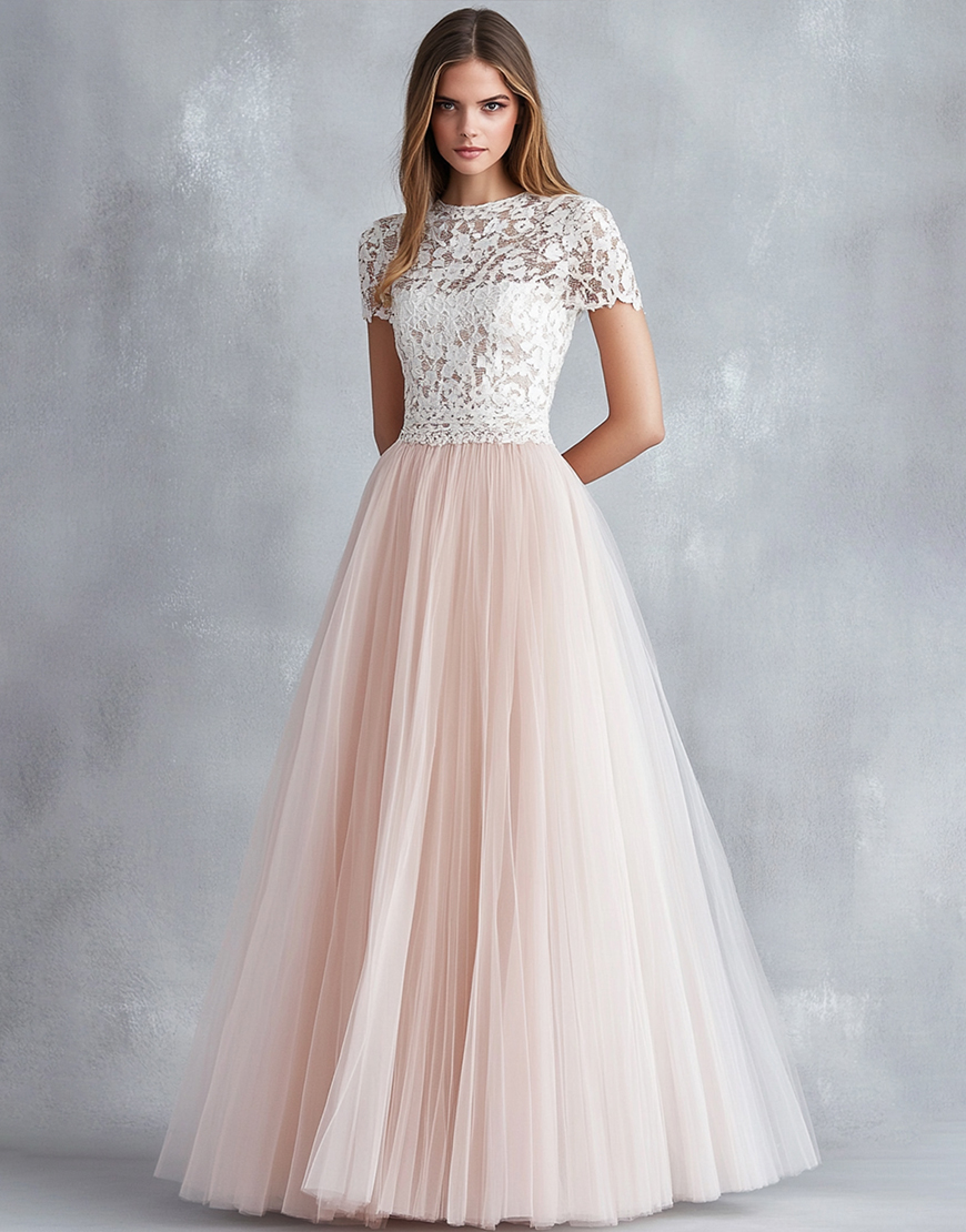 Graceful A Line Light Pink Half Sleeve Tulle Pleated Long Prom Dress with Lace