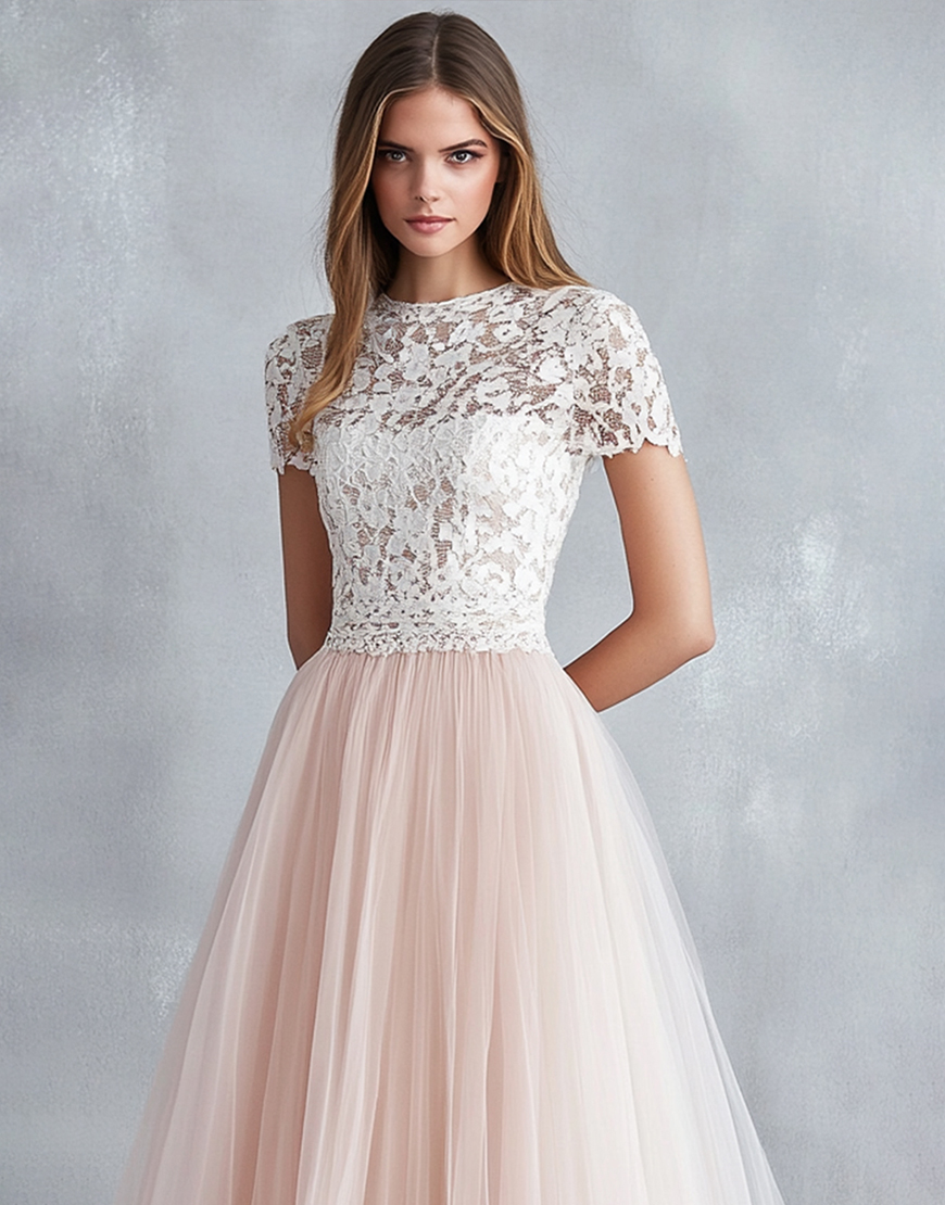 Graceful A Line Light Pink Half Sleeve Tulle Pleated Long Prom Dress with Lace
