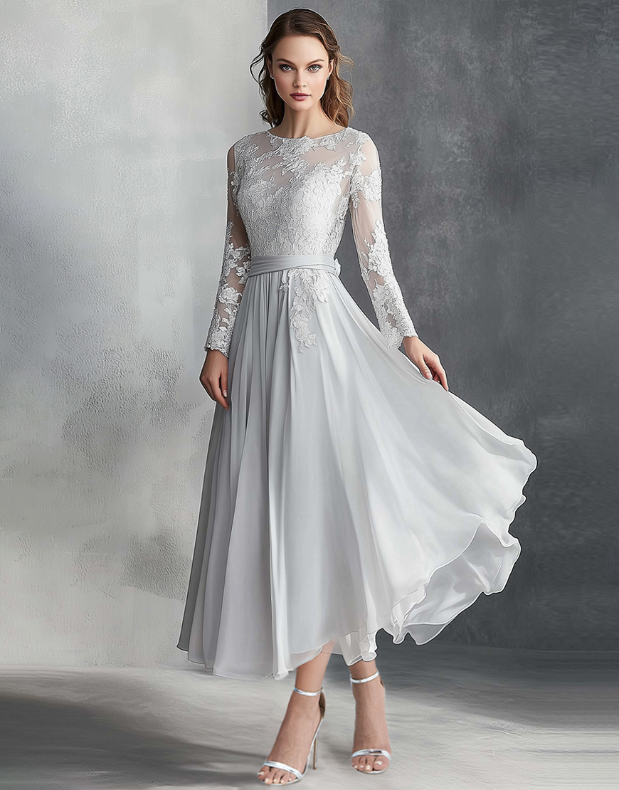 Graceful A Line Light Grey Long Sleeve Chiffon Long Prom Dress with Lace Appliques