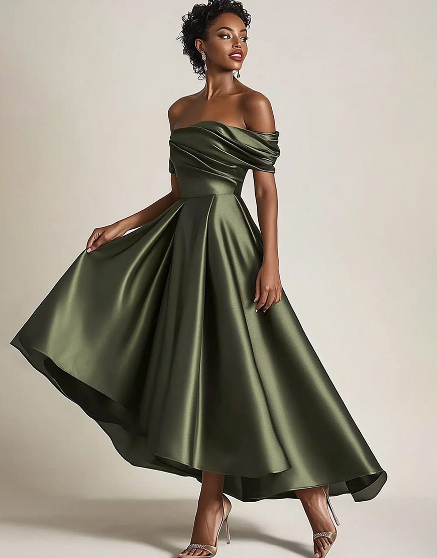 Graceful A Line Olive Off The Shoulder Satin Tea-Length Long Prom Dress 