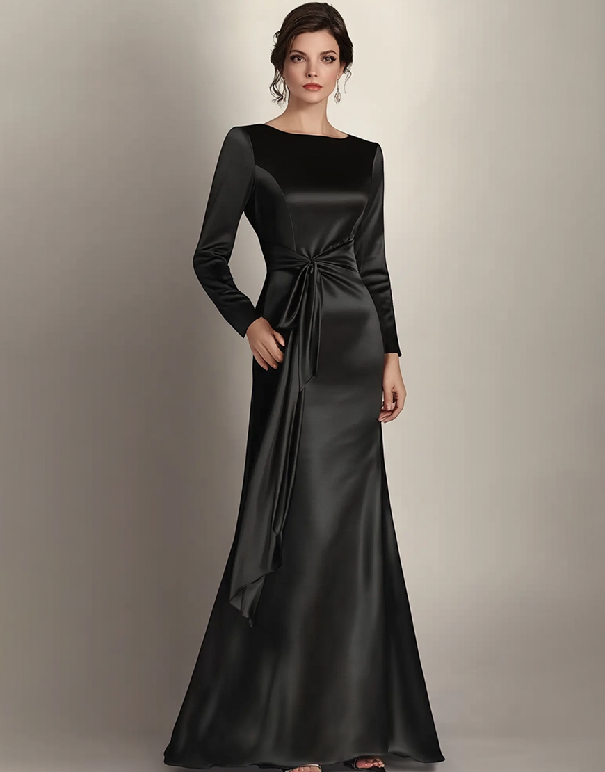 Graceful Bodycon Black Off Long Sleeve Satin Long Prom Dress With Tie