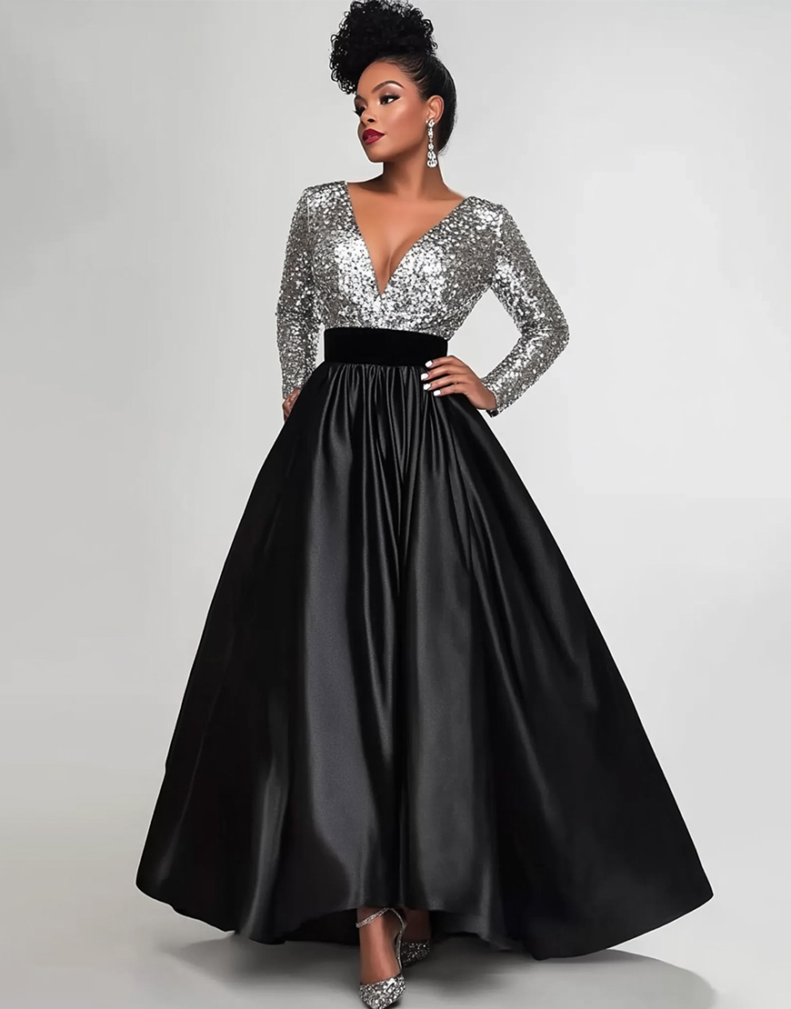 Sparkly A Line  Silver&Black V-Neck Long Prom Dress With Sequin