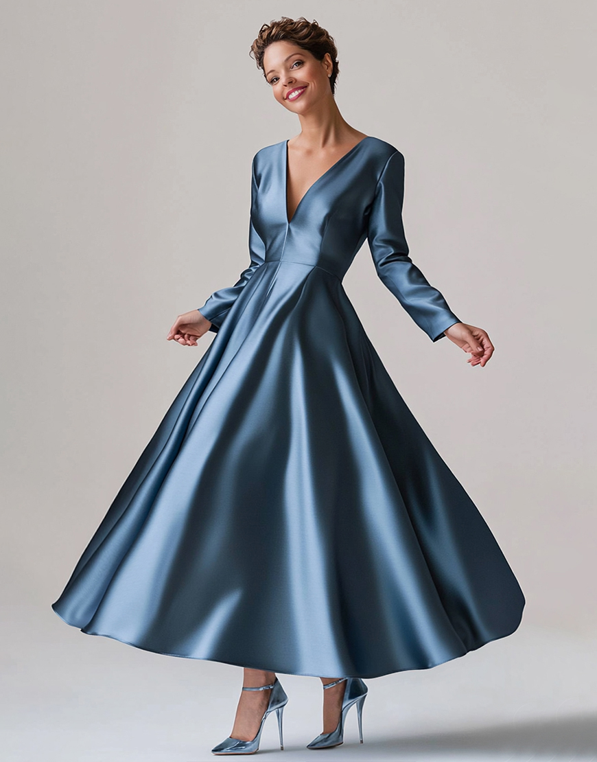 Elegant A Line Blue V-Neck Long Sleeve Satin Long Prom Dress 