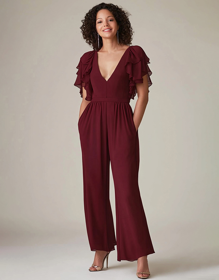 Elegant Burgundy V-Neck Flare Sleeve Ruffle Long Prom Jumpsuit