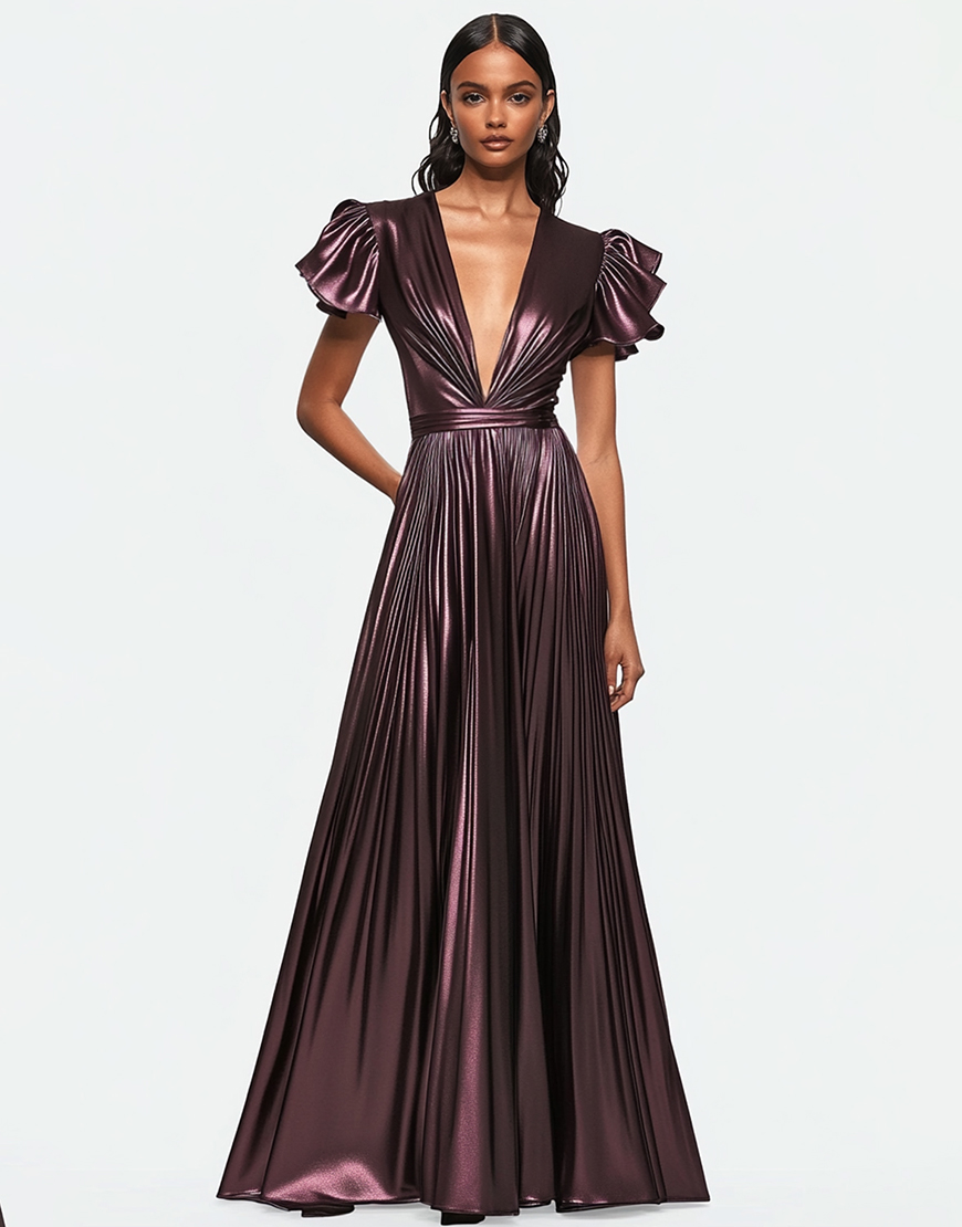 Elegant A Line Dusty Purple V-Neck Long Prom Dress With Ruffle Sleeves