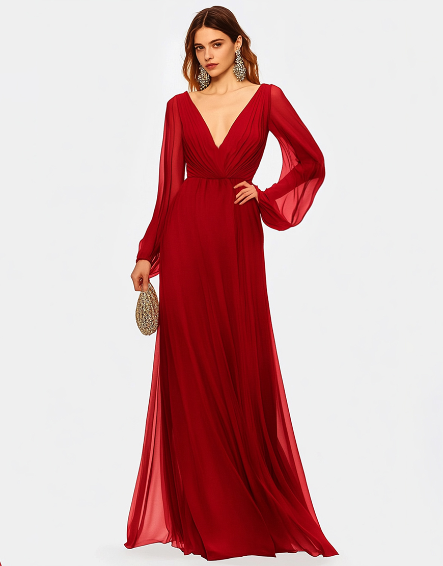 Elegant Red V-Neck  Long Sleeve Chiffon Long Prom Dress