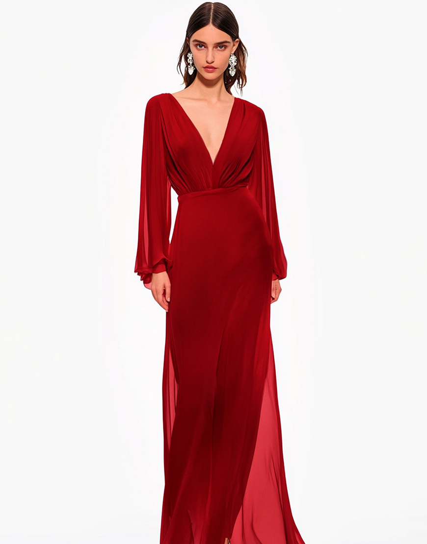 Elegant Red V-Neck  Long Sleeve Chiffon Long Prom Dress