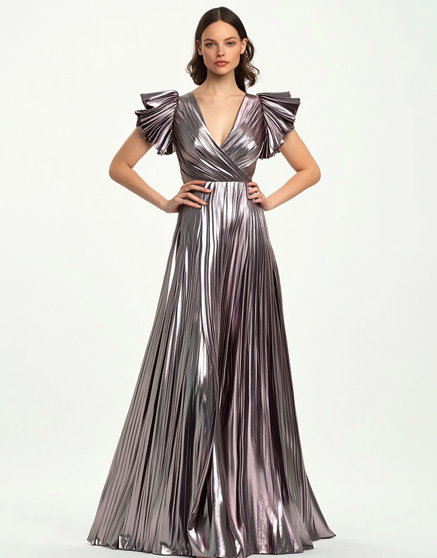 Elegant Taro Purple V-Neck  Pleated Satin Long Prom Dress With Ruffle Sleeves