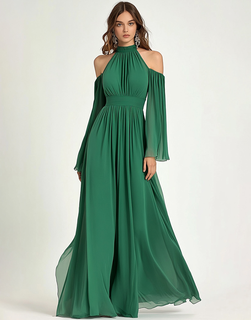 Elegant Green Halter  Pleated Chiffon Long Prom Dress With Cold Shoulder Sleeves