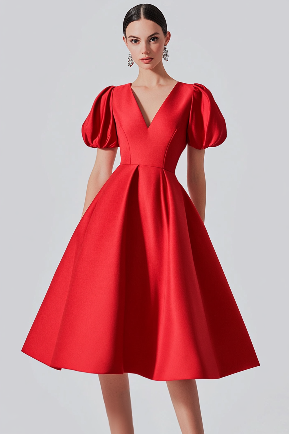 Graceful A-Line Red Puff Sleeve V-Neck Satin Mid Long Prom Dress 