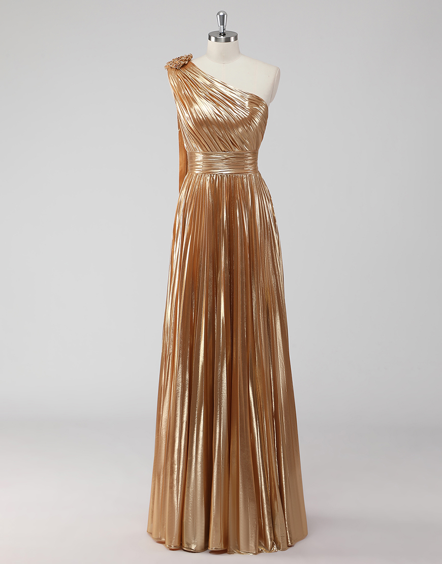 Sparkly A-Line Golden One Shoulder Satin Ruched Long Formal Dress 