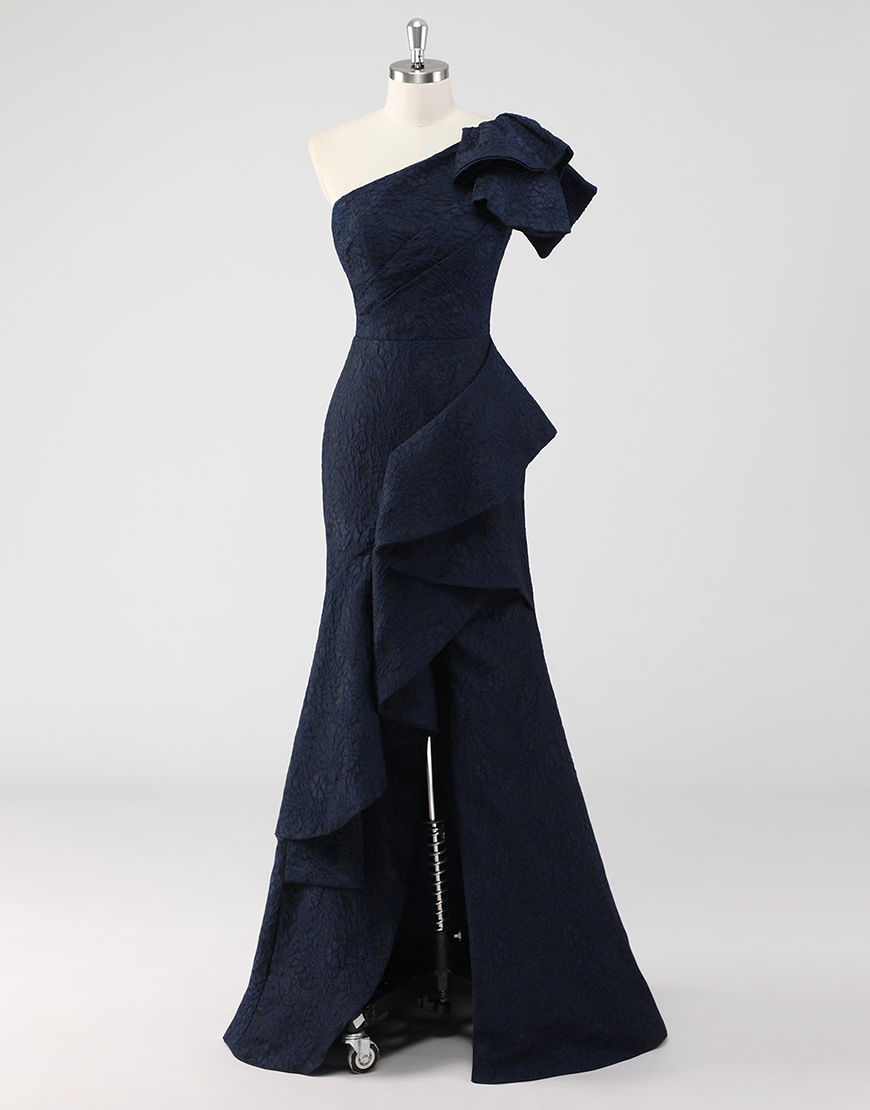 Elegant Navy Mermaid One Shoulder Floral Satin Long Formal Dress With Ruffles