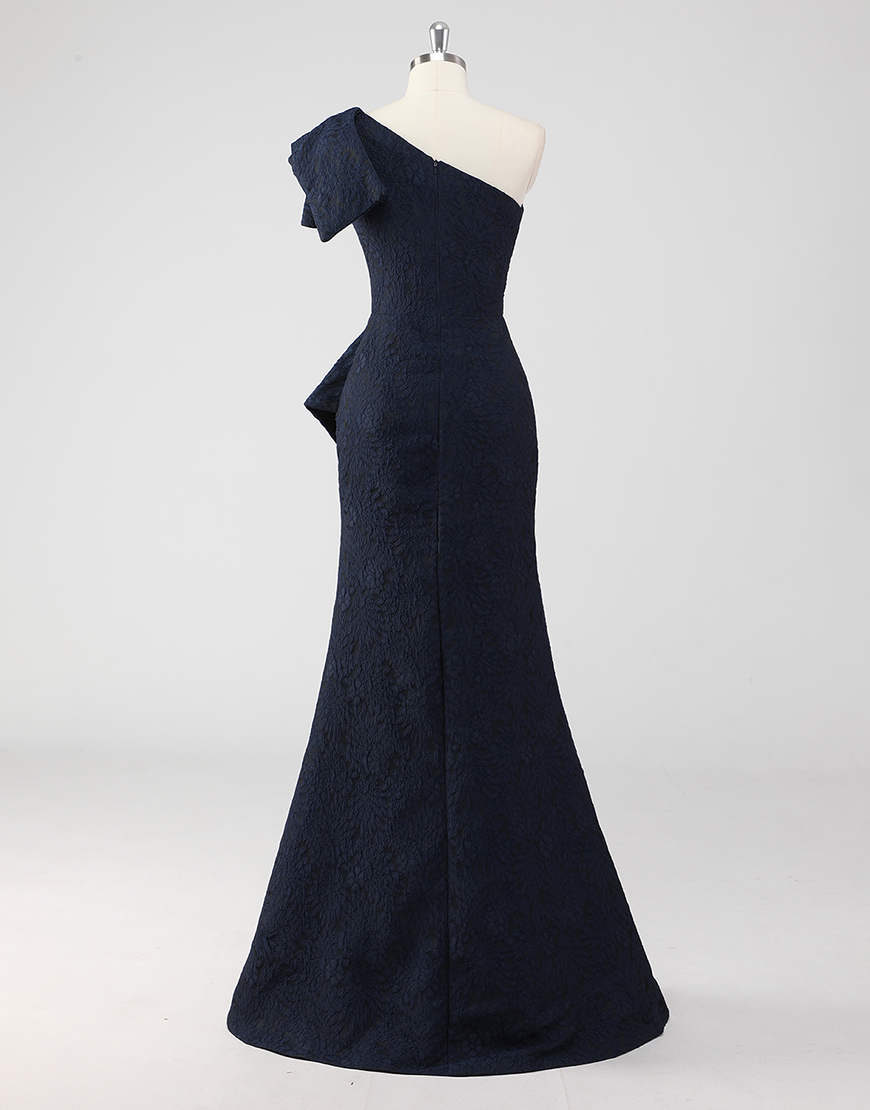 Elegant Navy Mermaid One Shoulder Floral Satin Long Formal Dress With Ruffles