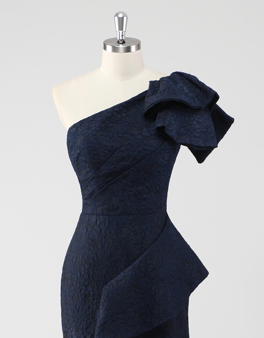 Elegant Navy Mermaid One Shoulder Floral Satin Long Formal Dress With Ruffles