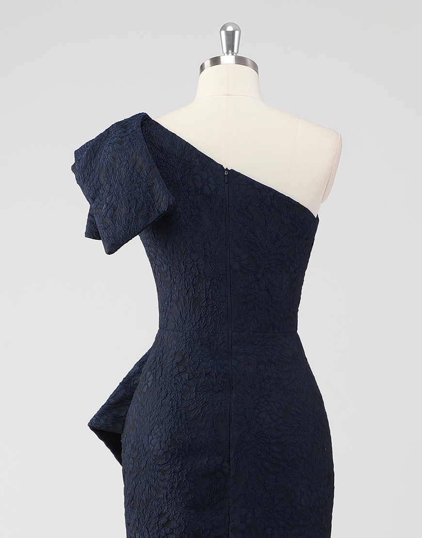 Elegant Navy Mermaid One Shoulder Floral Satin Long Formal Dress With Ruffles