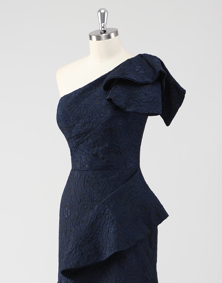 Elegant Navy Mermaid One Shoulder Floral Satin Long Formal Dress With Ruffles