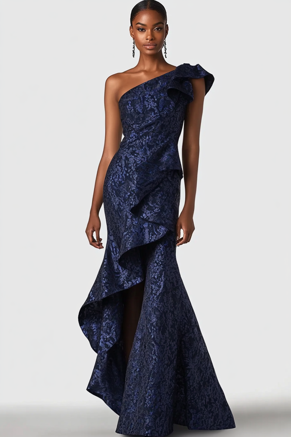 Elegant Navy Mermaid One Shoulder Floral Satin Long Prom Dress With Ruffles
