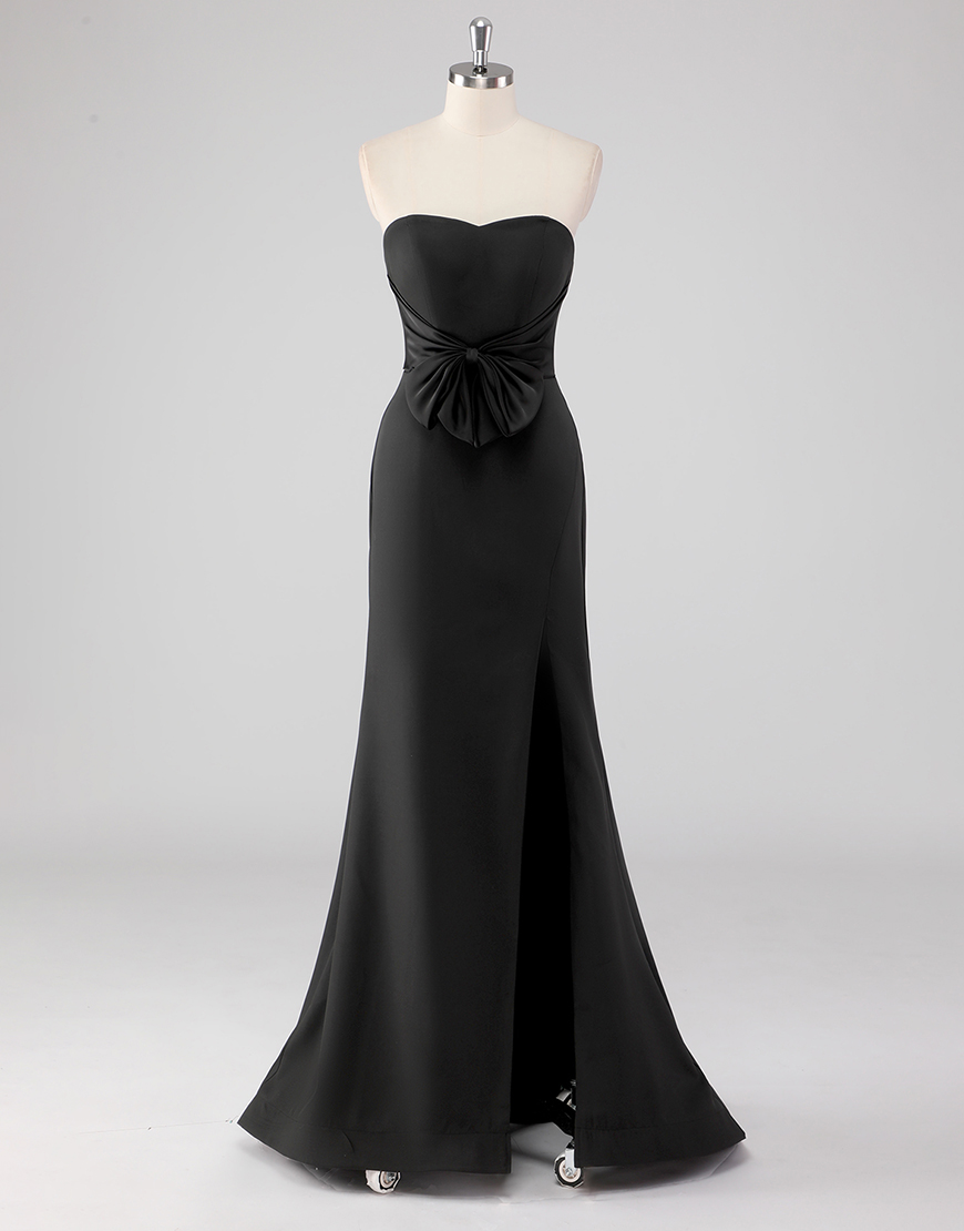 Sheath Black Strapless Slit Long Satin Formal Dress With Bow