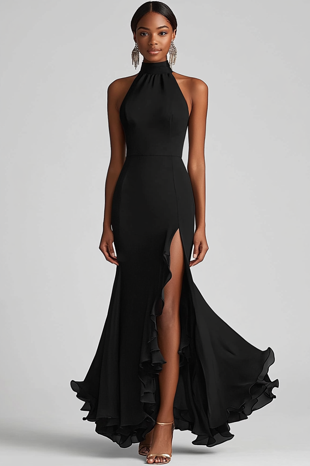 Black Bodycon Halter Slit Long Prom Dress With Ruffles