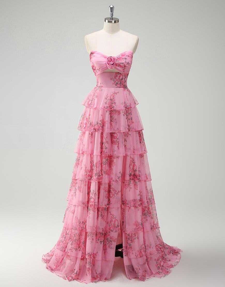 Blush A-Line Strapless Floral Ruffles Tulle Long Prom Dress with Slit