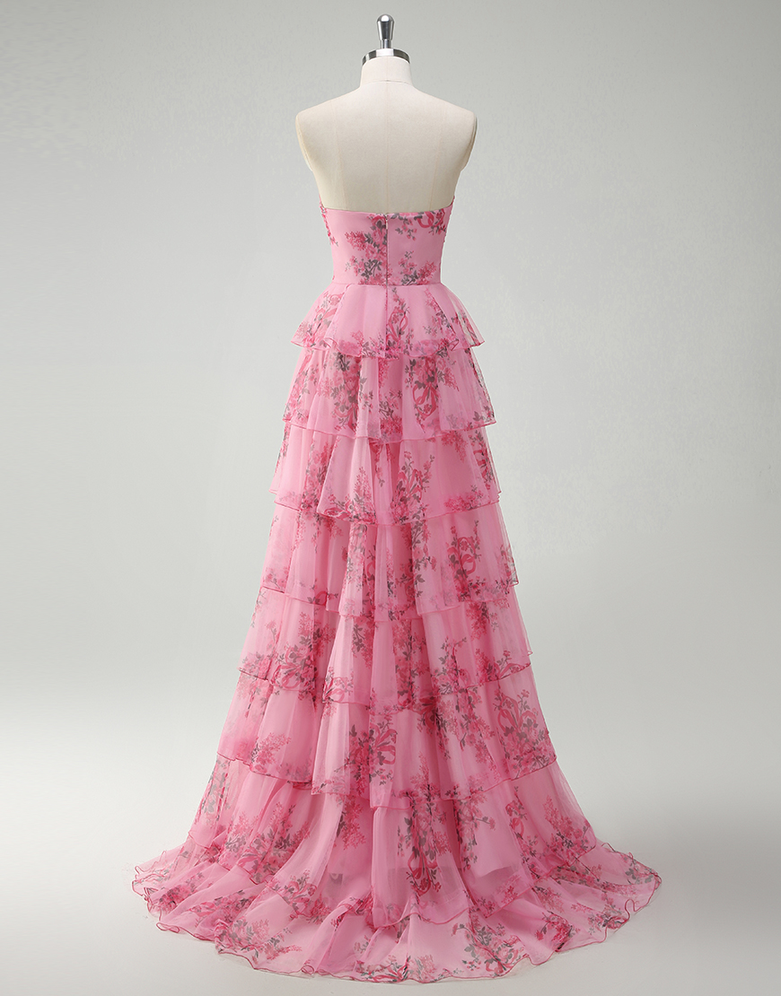 Blush A-Line Strapless Floral Ruffles Tulle Long Prom Dress with Slit