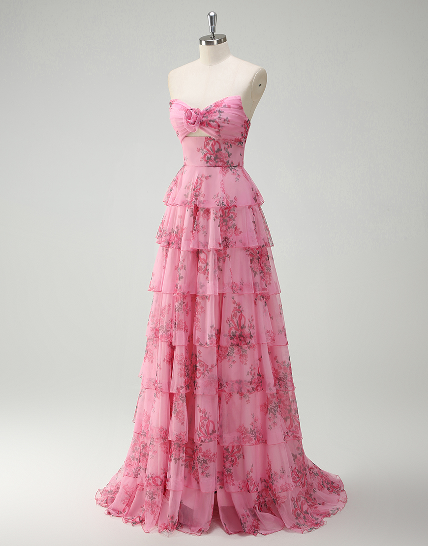 Blush A-Line Strapless Floral Ruffles Tulle Long Prom Dress with Slit