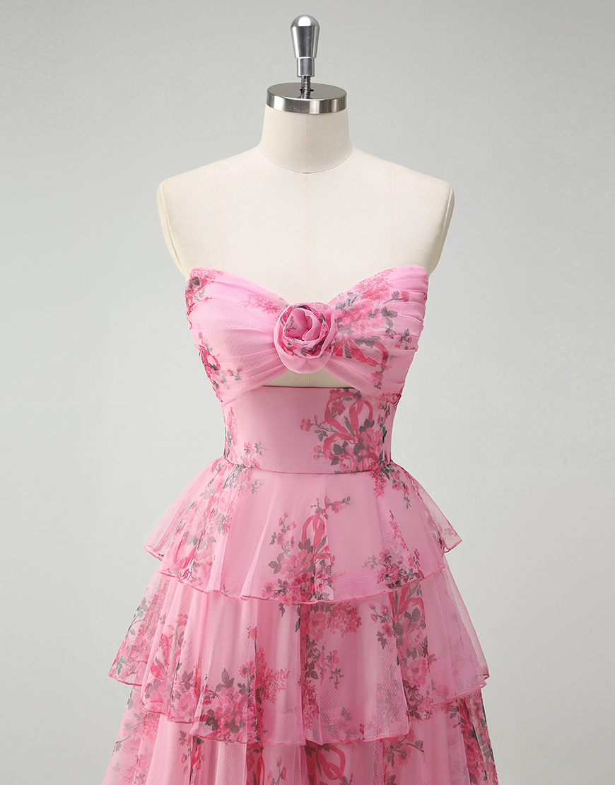 Blush A-Line Strapless Floral Ruffles Tulle Long Prom Dress with Slit