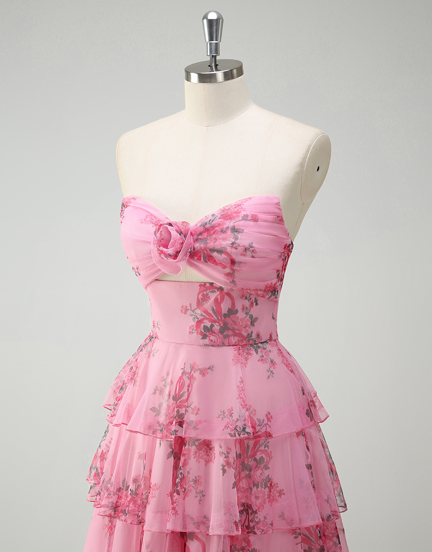 Blush A-Line Strapless Floral Ruffles Tulle Long Prom Dress with Slit