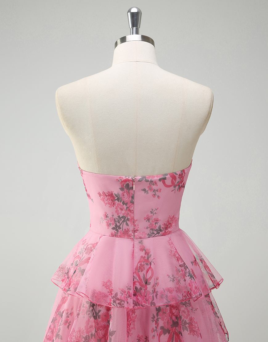 Blush A-Line Strapless Floral Ruffles Tulle Long Prom Dress with Slit