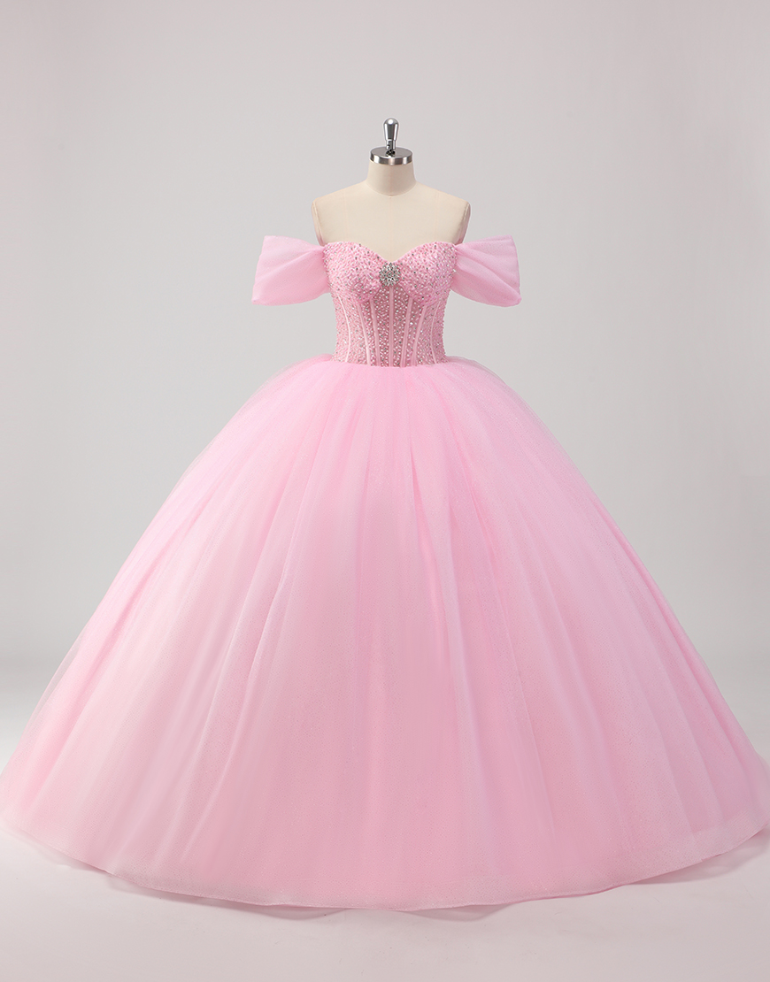 Princess Pink Ball Gown Off the Shoulder Beading Rhinestones Tulle Quinceanera Dress