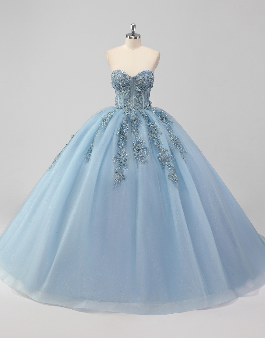 Sparkly Grey Blue Ball Gown Strapless Tulle Quinceanera Dress with Flower Appliques