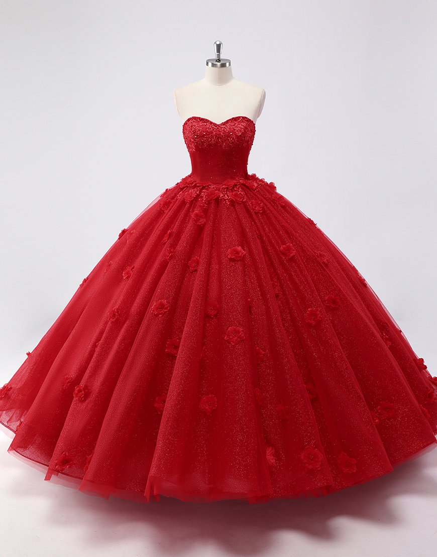 Sparkly Red Ball Gown Strapless Tulle Quinceanera Dress with Sequined 3D Flowers