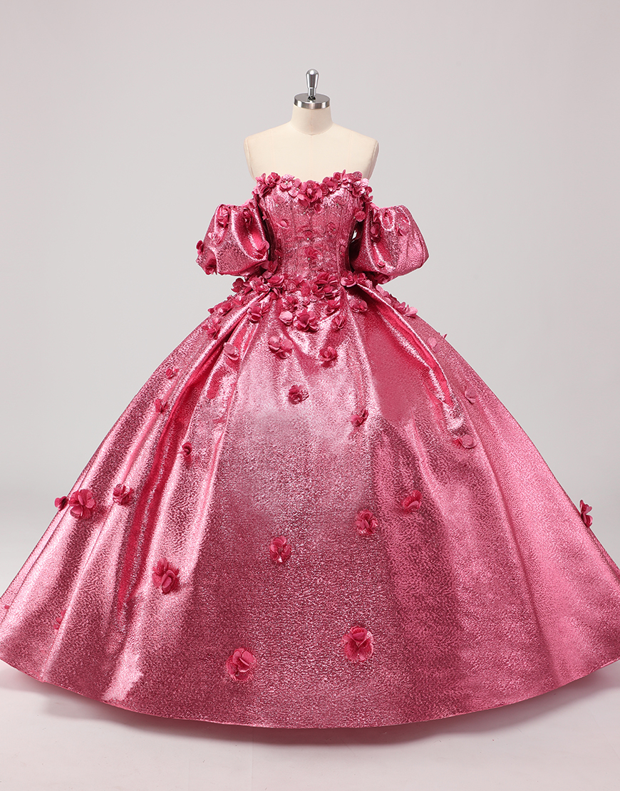 Princess Fuchsia Ball Gown Off the Shoulder Puff Sleeves Quinceanera Dress with 3D Flowers