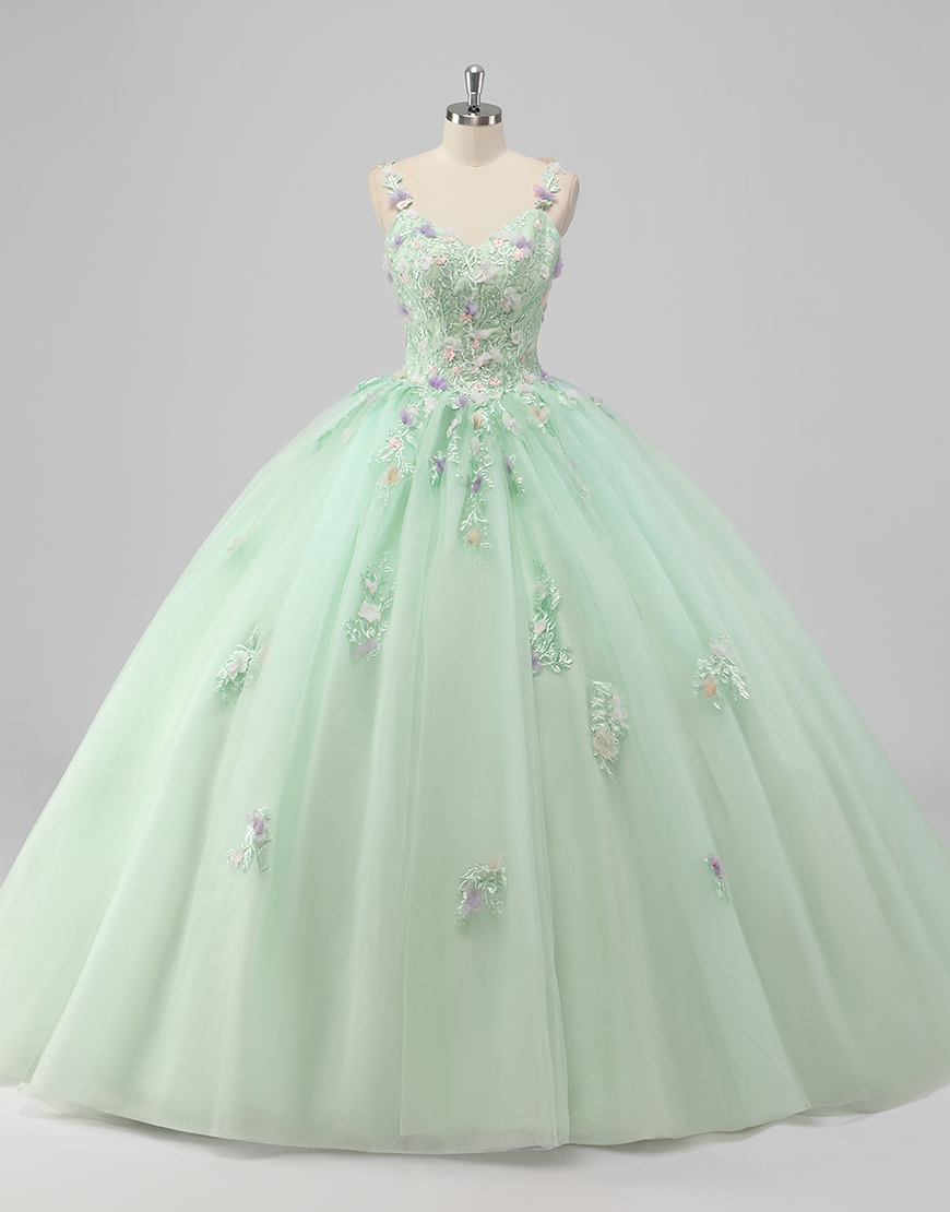 Princess Green Ball Gown Spaghetti Straps Tulle Quinceanera Dress with Flower Appliques 