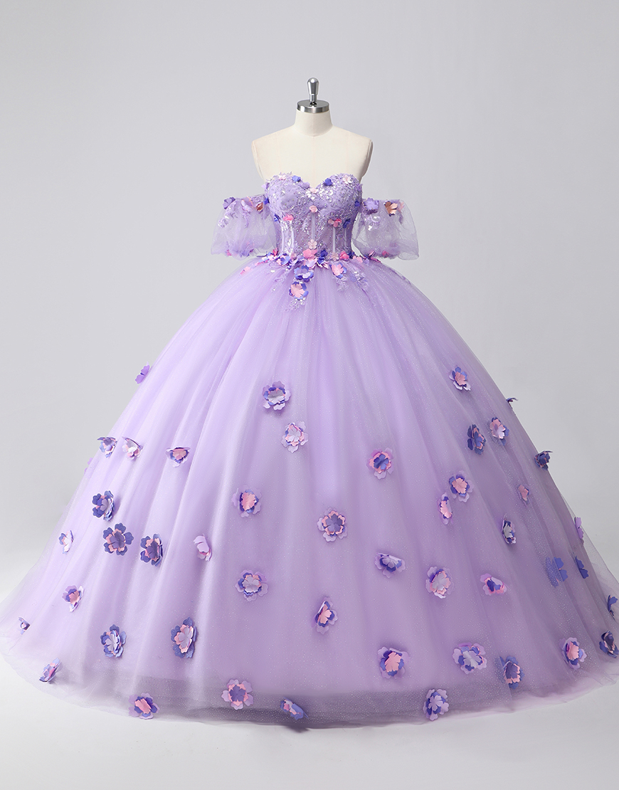 Sparkly Lilac Ball Gown Off the Shoulder Puff Sleeves Tulle Quinceanera Dress with Flowers Appliques
