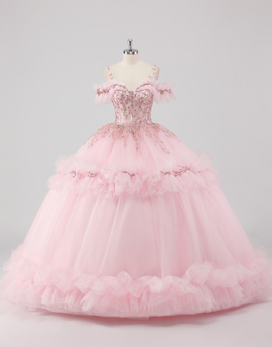 Princess Blush Ball Gown Cold Shoulder Ruffles Tulle Quinceanera Dress with Sequined Embroidery