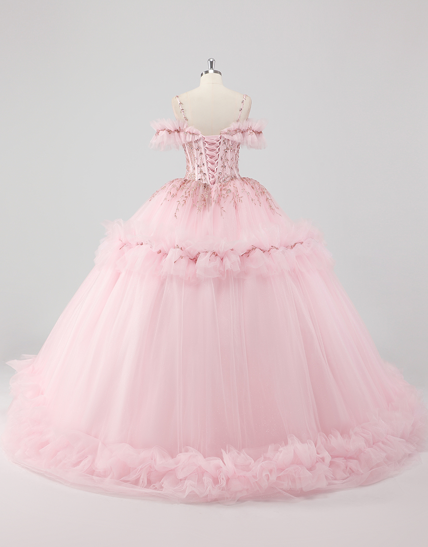 Princess Blush Ball Gown Cold Shoulder Ruffles Tulle Quinceanera Dress with Sequined Embroidery